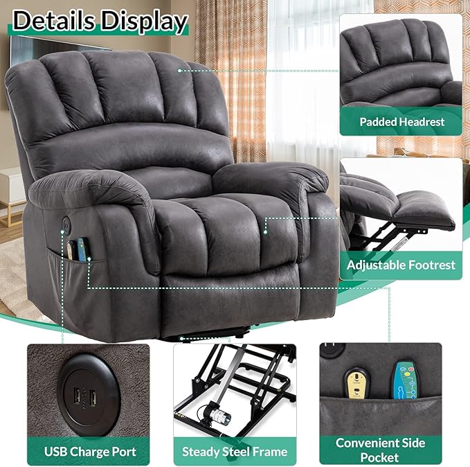 VIVIJASON Large Power Lift Chair Electric Recliner with Heat &amp Massage for Elderly Big People Heavy Duty and Safety Motion Wide Recliners with 2 Remote Controls Side Pockets &amp USB Ports Gra