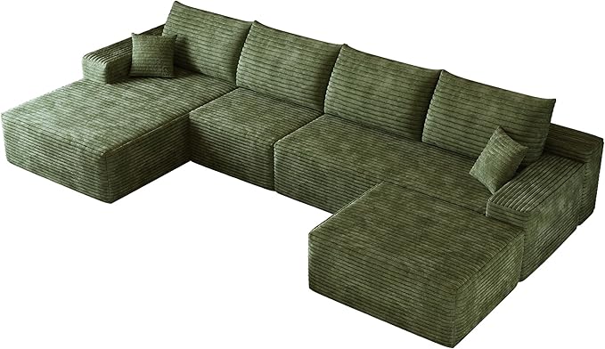 135.4 Oversized U Shaped Modular Sectional Sofa Cloud Couch with Chaise Lounge and Movable Ottoman Fluffy Corduroy Upholstered Boneless Sofa Deep Seat Couches w/Pillows | 35D Full Foam Compressed