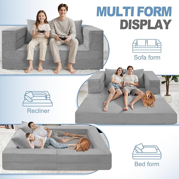 Futon Sofa Bed with Pillow 3-in-1 Sleeper Sofa Bed with Removable Cover Convertible Floor Sofa Bed No Assembly Boneless Couch for Living Room Bedroom