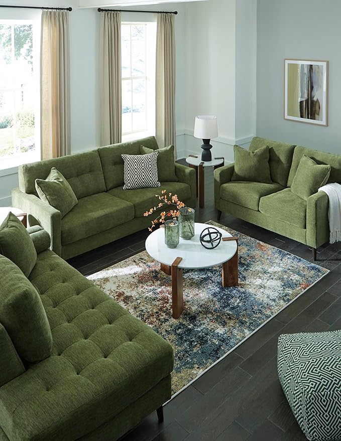 Signature Design by Ashley Bixler Mid-Century Modern Tufted Loveseat with 2 Toss Pillows Green