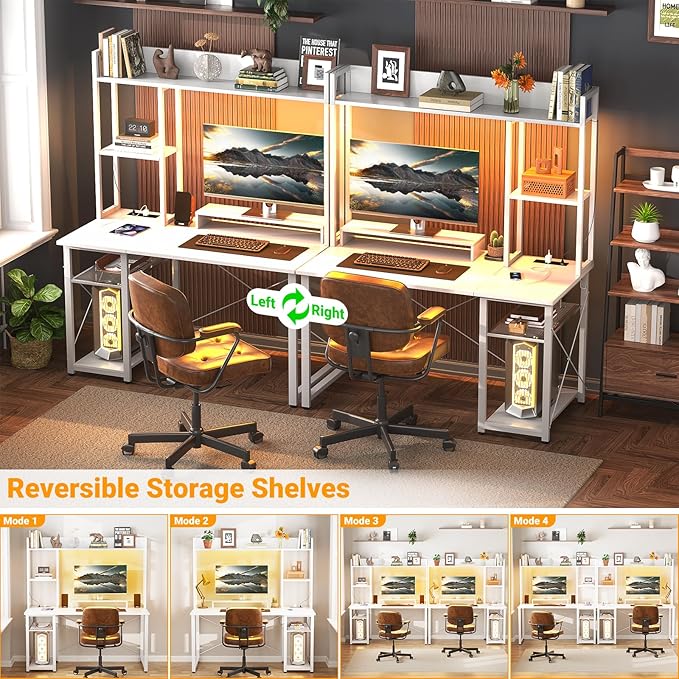 Cyclysio Gaming Desk with Hutch 39'' Computer Desk with LED Lights &amp Power Outlets Home Office Desk with Reversible 5 Tiers Storage Shelves &amp Monitor Stand Small Gaming Table for Small Spac