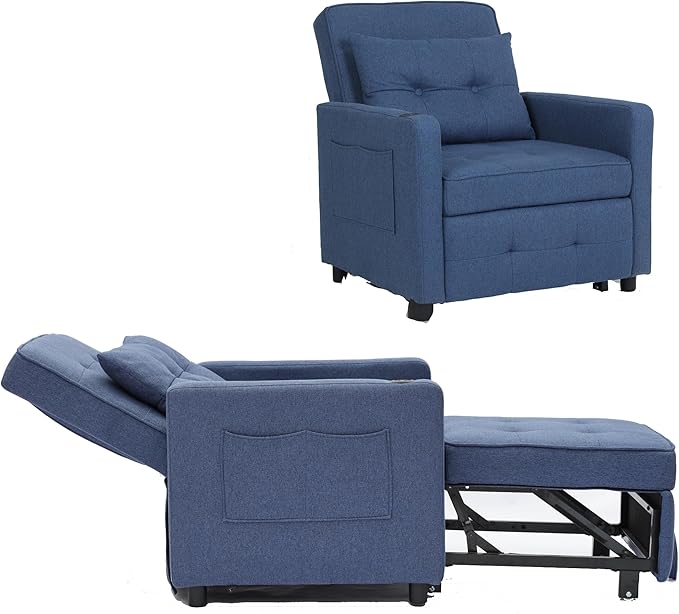 3-in-1 Convertible Sleeper Chair Pull-Out Chair Sleeper with USB Ports and Side Pocket Adult Chair Beds Adjustable Sofa Bed Chairs for Living Rooms and Small Spaces Navy Blue