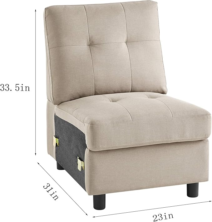 DAZONE Armless Accent Chair Modular Sectional Sofa Middle Seat Standalone Slipper Chair for Living Room Bedroom Convertible Furniture Module Linen Fabric Grey