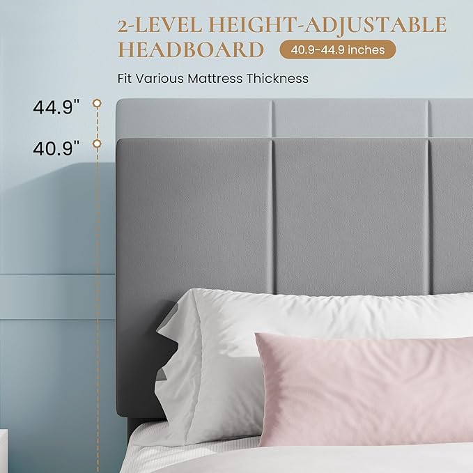 SHA CERLIN King Size Bed Frame Velvet Upholstered Platform Bed Vertical Channel Tufted Adjustable Headboard Low Profile Bed Frame No Box Spring Needed Easy Assembly Grey