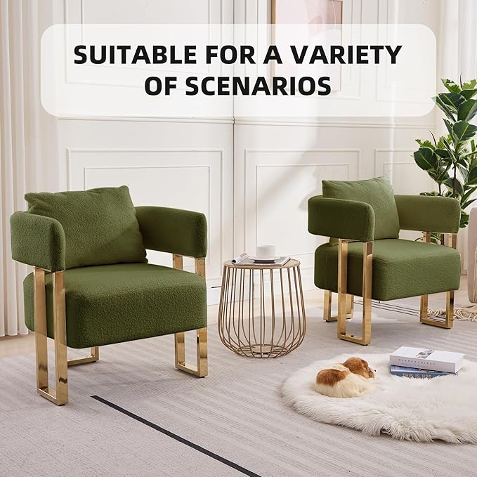 YITAI Modern Accent Chairs no Wheels Living Room Side Chairs Set of 2 with Golden Metal Legs Barrel Soft Teddyt Upholstered Reading Armchairs for OfficeReception RoomBedroomLoungeGreen