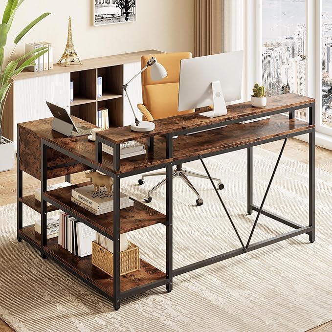 LITTLE TREE 55-Inch L-Shaped Computer Desk Reversible Computer Desk with Drawers and Storage Shelves Corner Desk Gaming Desk Work Desk for Home Office Rustic