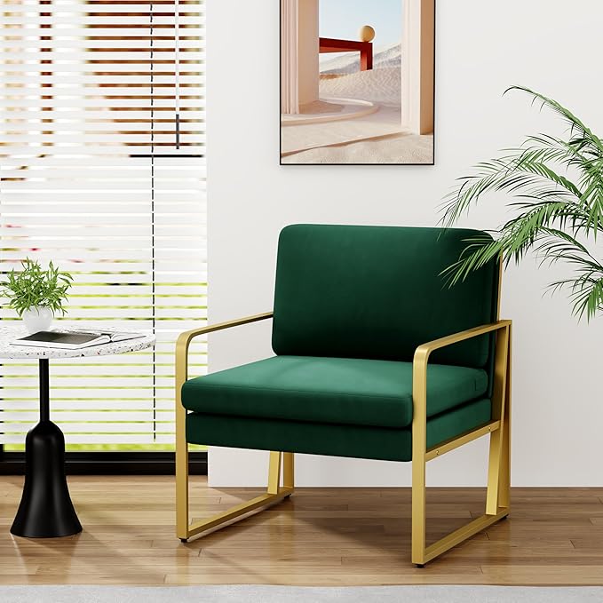 Andeworld Velvet Accent Chair Mid Century Living Room ArmchairUpholstered Modern Sofa Side Chair with Metal Golden Legs for ReadingLoungingBedroom Apartment Green