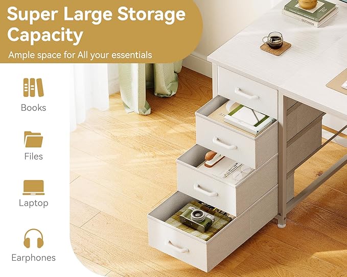 ODK 48 Inch White Computer Desk with 8 Fabric Drawers Modern Office Desk with Large Storage for Home Office Study Gaming White