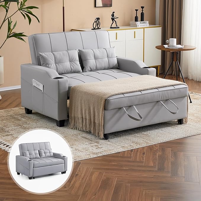 VINGLI Light Grey Futon Sofa Bed Convertible Loveseat Sleeper Couch Faux Leather Pullout Sofa Fold Out Couch Bed with USB Ports Cup Holders Armrest for Living Room Bedroom Apartment Room