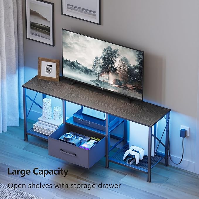 LED TV Stand with Fabric Drawer Entertainment Center for 50 55 Inch TV Industrial TV Console Table with Open Storage Shelves for Living Room Bedroom Black