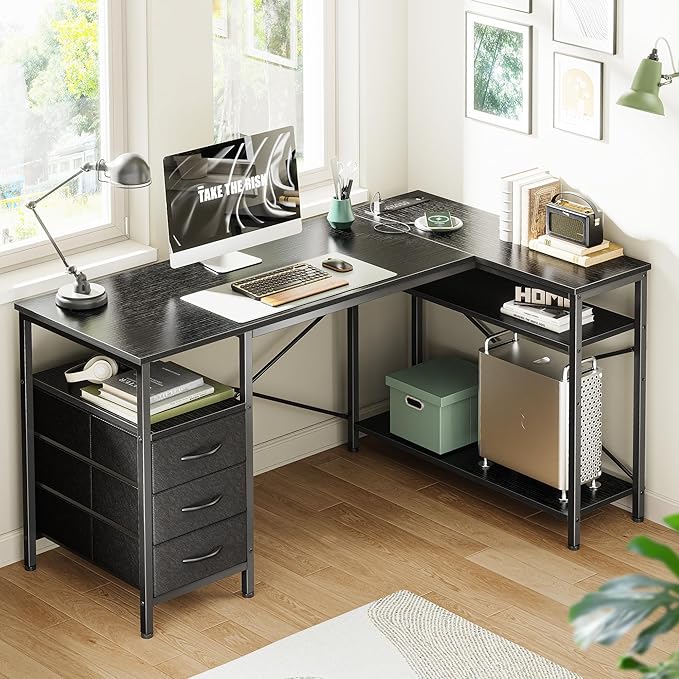Huuger L Shaped Office Desk with Power Outlets 47 Inch Computer Desk with 3 Drawers Shelves for Gaming Corner Work Home Office Study Black