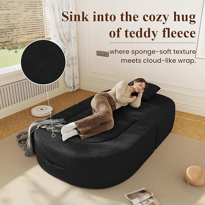 WJShome Boneless Chaise Lounge Sofa Bed Chair Indoor 3 in 1 Convertible Lounge Chaise with No Frame Wide Reclining Floor Lounger for Reading Napping &amp Relaxation No Assembly Required Black