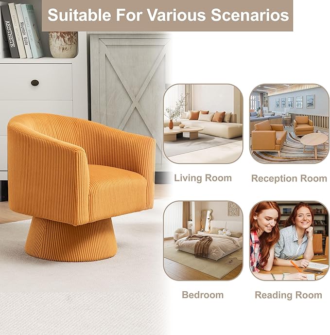 Swivel Accent Chair Modern 360° Barrel Chair Corduroy Upholstered Single Sofa for Living Room Bedroom(Mustard)