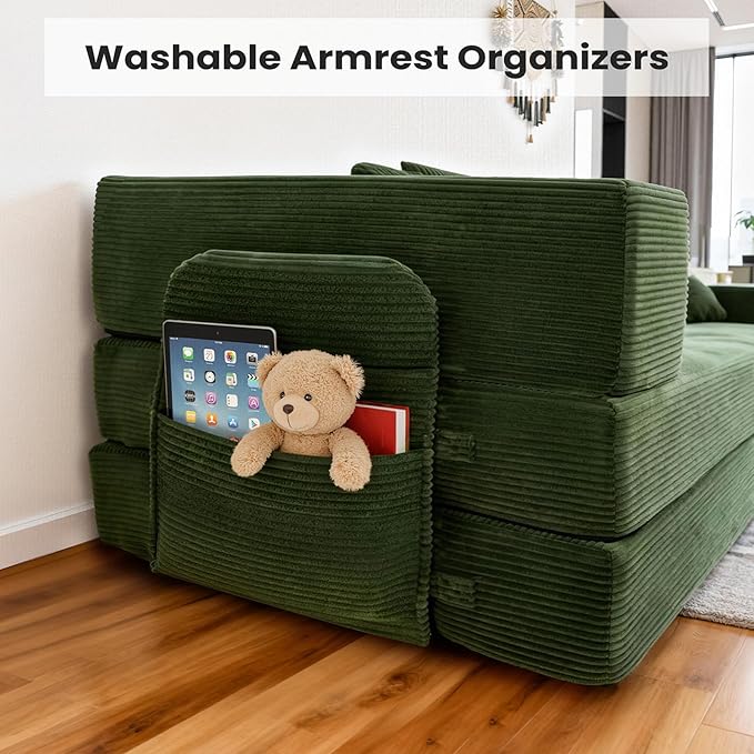 5‑in‑1 Futon Sofa Bed Queen– Floor Foldable Convertible Sofa Couch with L‑Shaped Armrests Removable Cover Green Convertible Guest Bed | Space‑Saving Fold‑Out Mattress Lounge for Living Room/Bedroom