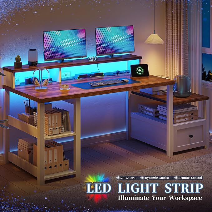 EnHomee 60.4 Computer Desk with Drawer &amp Power Outlet Gaming Desk with LED Light Farmhouse Desk Study Desk with Monitor Stand Home Office Desk Work Desk for Bedroom Study Room White