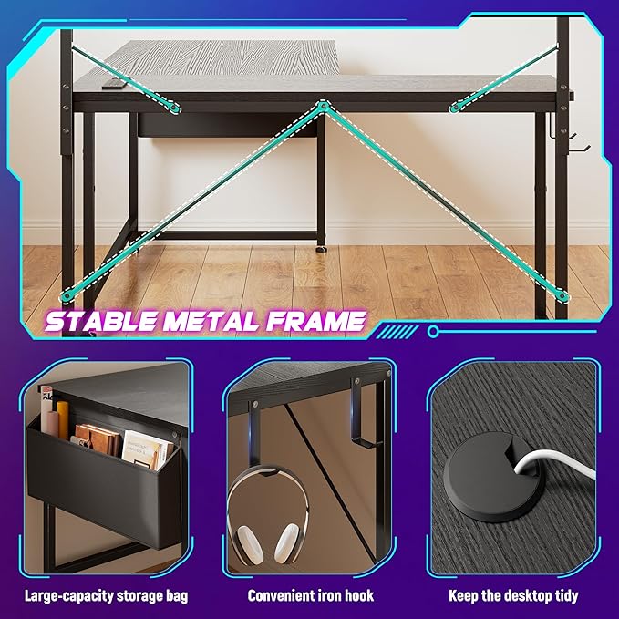L Shaped Desk Gaming Desk with LED Light &amp Power Outlet 43.3 Inch Reversible L Shaped Computer Desk with Shelf &amp Storage Bag &amp Hook for Home Office Black