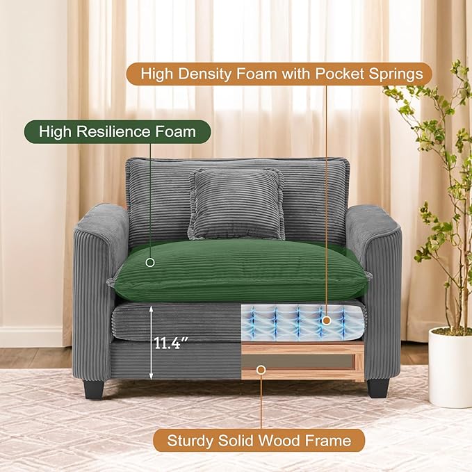 Furniliving Oversized Accent Chair with Ottoman Luxury Corduroy Single Sofa Upholstered Deep Seat Chaise Lounge with Pillows for Living Room Bedroom Apartment Grey