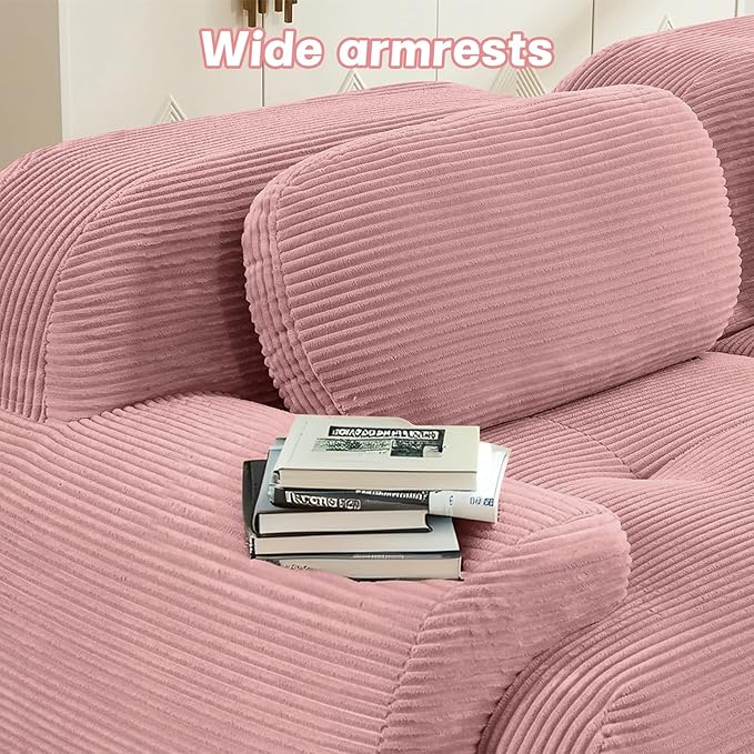 116 Modern Compressed Boneless Couch with Ottoman 3 Seater Large L Shaped Sectional Couches for Living Room Pink Corduroy Cloud Modular Sectional Sofa Memory Foam Extra Deep No Assembly