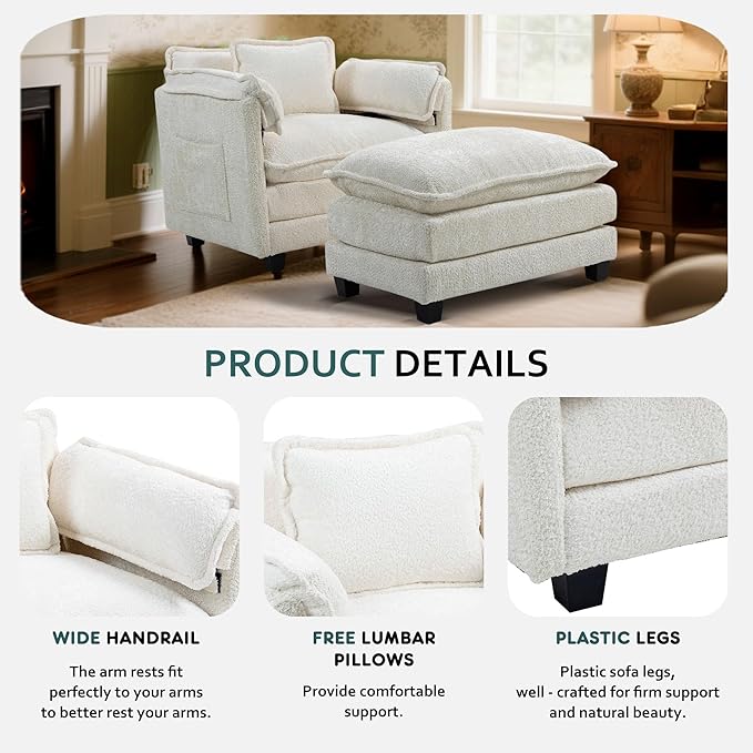 Accent Chair Comfy Oversized Sofa Sleeper Chair with Ottoman Modern Deep Seat Single Sofa Couch for Living Room Bedroom Study Balcony (Chenille Beige)