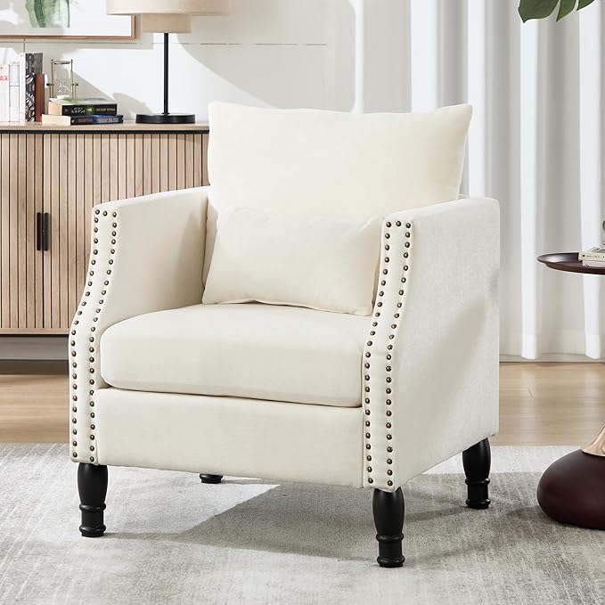 civama Linen Accent Chairs Set of 2 with Lumbar Pillow - Ergonomic Spring Support Upholstered Armchair 300LBS Capacity Nailhead Trim Easy Assembly for Living Room Bedroom Beige