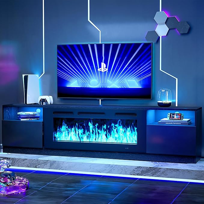 oneinmil 90” TV Stand with 50” Electric Fireplace Large Modern Media Entertainment Center with Storage Cabinet and 12 Colors LED Lights for TVs Up to 100 Black+Black