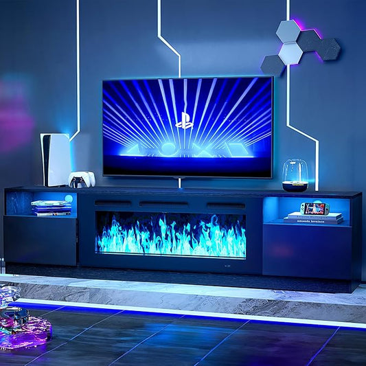 oneinmil 90” TV Stand with 50” Electric Fireplace Large Modern Media Entertainment Center with Storage Cabinet and 12 Colors LED Lights for TVs Up to 100 Black+Black