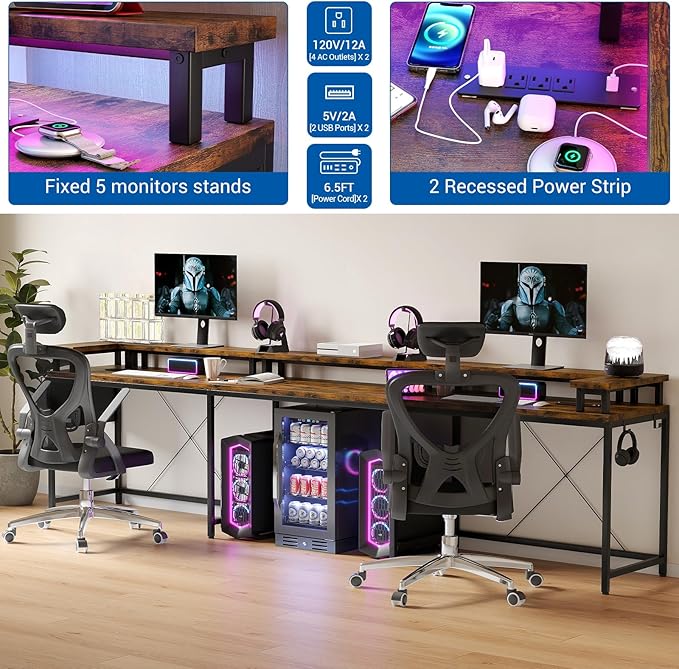 78 Inch Large Computer Desk with Power Outlets &amp USB Ports u Shaped Corner Desk with RGB LED Lights Monitor Stand &amp Storage for Home and Office Brown