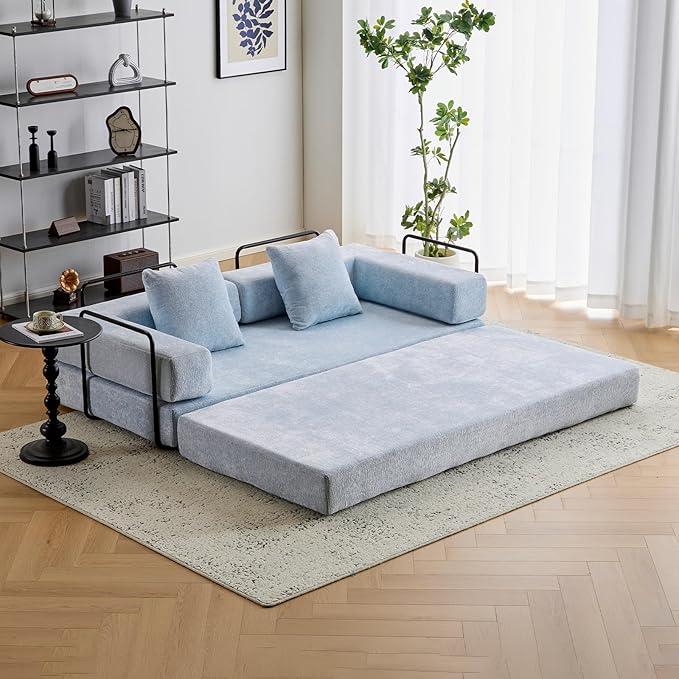 Folding Sofa Bed Modular Sectional Cloud Couch Convertible Sleeper Sofa Bed with Pillow Back Support Armrest for Living Room Bedroom Lounge No Assembly Required Chenille(Light Blue)