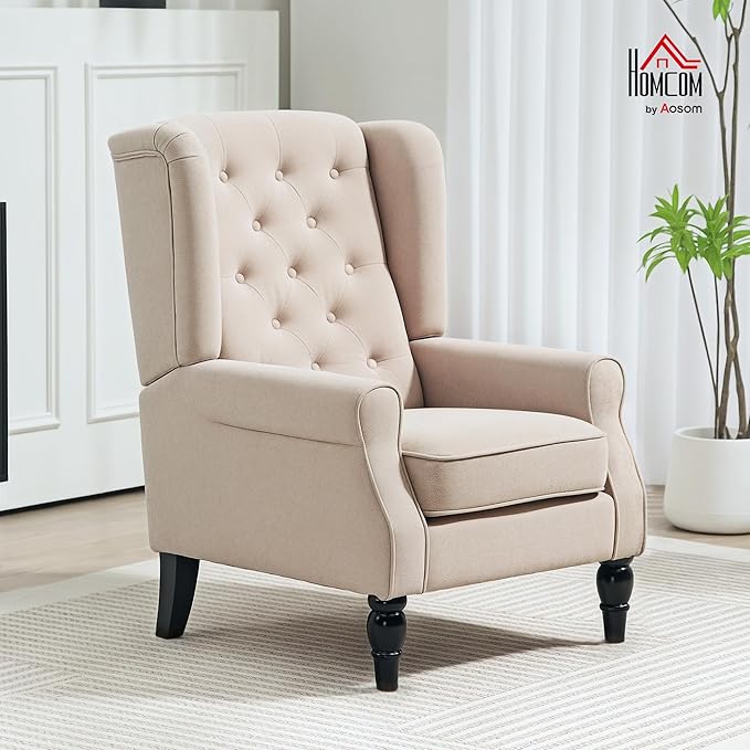 HOMCOM Mid-Century Modern Accent Chair High Wingback Reading Chair Button-Tufted Upholstered Fabric Armchair with Retro Wood Legs for Apartment Living Room Bedroom Beige