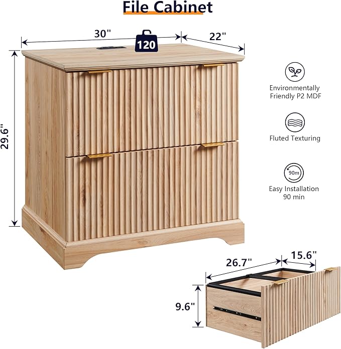 JXQTLINGMU 2 Drawer File Cabinet with Charging Station 30 Fluted Lateral File Cabinet w/Files Hanging Rod for Letter/Legal/A4 Large Tabletop for Printer Office Wood Printer Cabinets Oak
