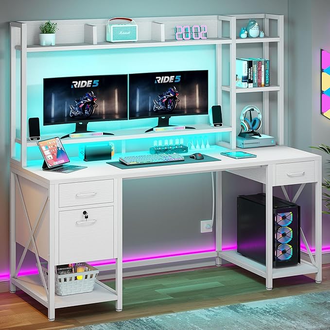 DWVO Computer Desk with Drawers &amp Hutch 59.1 Office Desk with Power Outlets &amp LED Lights Home Office Desk with Storage Shelves White