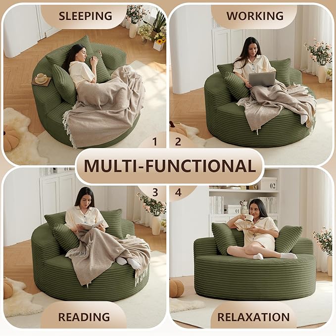 55'' Oversized Round Chair Lounge Chaise Indoor Cloud Boneless Large Circle Chair with Plush Corduroy No Assembly Required Fluffy Modern Sleeper Sofa Bed for Reading Living Room Bedroom(Green)