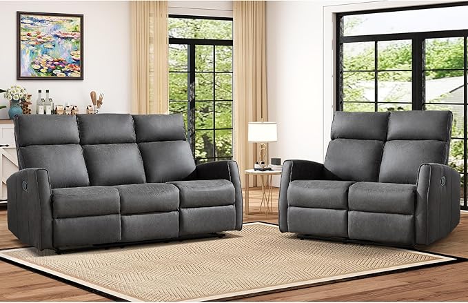 EBELLO Manual Reclining Couch Set for Living Room Wall-Hugger Reclining Living Room Furniture Set Included 2-Seater Recliner Chair and 3-Seat Reclining Sofa Couches for Home and Office Grey