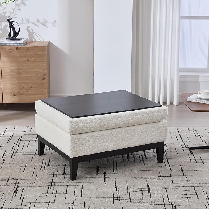 Wood Base Accent Arm Chair with Ottoman and Bolster PillowsStorage Footstool with Reversible Lid Coffee Table for Living Room Office (33.86W Ivory Foot Stool+Black Base)