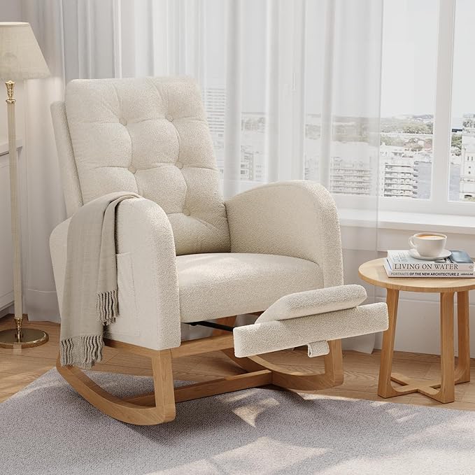GarveeHome Nursery Rocking Chair with Adjustable Footrest Teddy Fleece Upholstery Sturdy Wooden Legs &amp High Backrest Comfortable Glider Rocking Chair for Living Room or Bedroom White