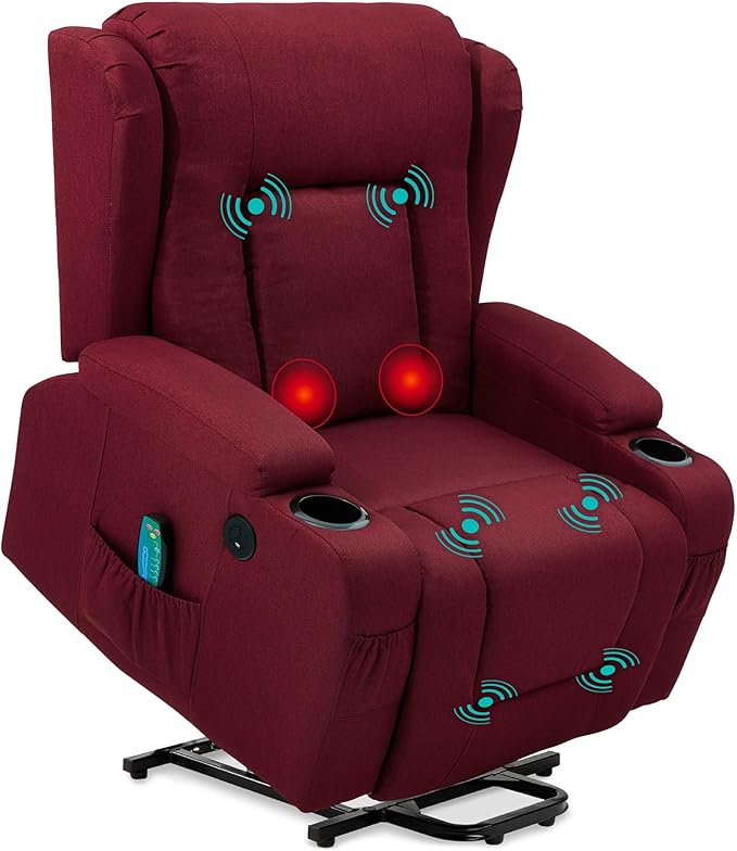 Best Choice Products Modern Linen Electric Power Lift Chair Recliner Massage Chair Adjustable Furniture for Back Legs w/ 3 Positions USB Port Heat Cupholders Easy-to-Reach Button - Burgundy