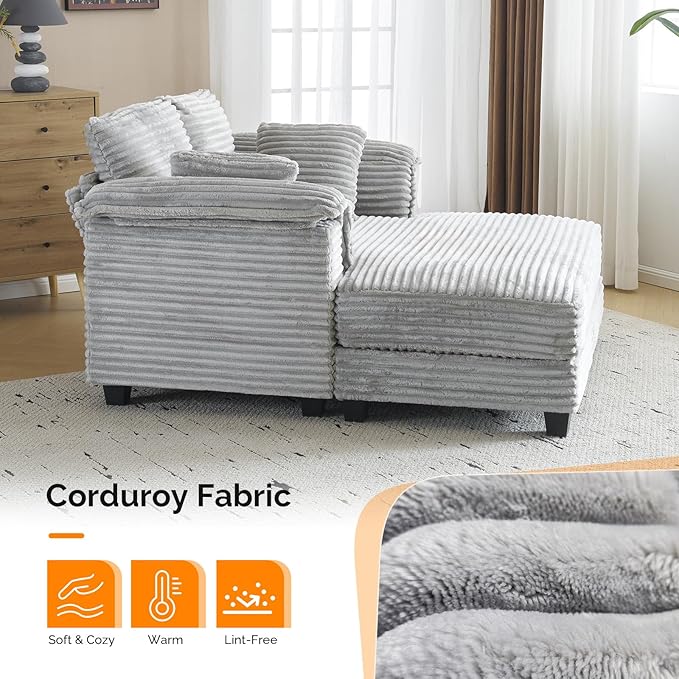 VINGLI 56 Oversized Chaise Lounge Chair Light Grey Comfy Corduroy Chaise Sofa Recliner Bed Upholstered Sleeper Couch Bed with Throw Pillows and Armrests for Living Room Movie Room Bedroom