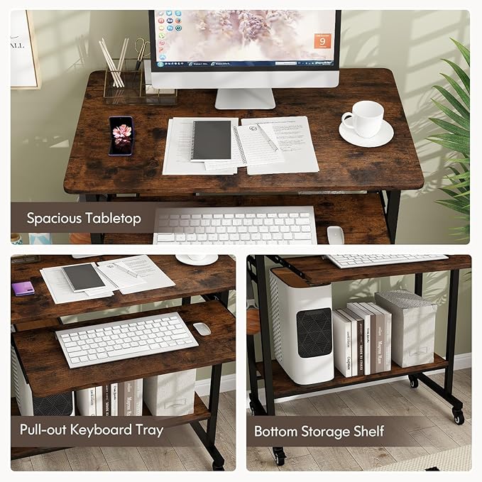 LDAILY Moccha Rolling Computer Desk Mobile Computer Desk with Keyboard Tray Portable Laptop PC Desk Open PC Stand 3 Earphone Hooks Wooden Computer Cart for Office Home