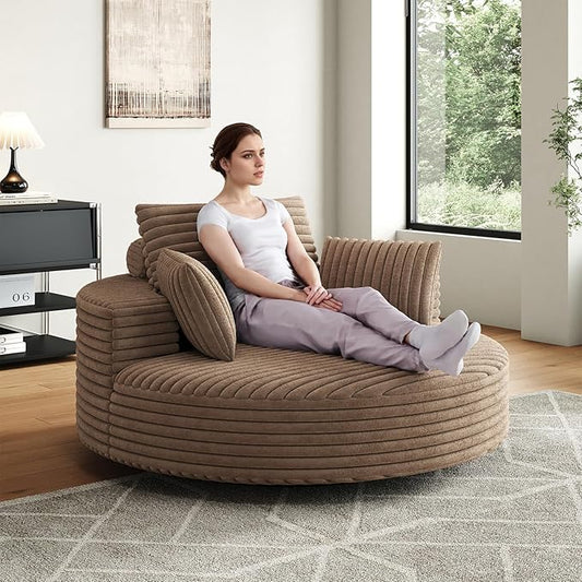55 inch 360° Swivel Accent Chair Chaise Lounge Chair Indoor Oversized Round Swivel Accent Chair Modern Corduroy Single Sofa Chair Deep Seat Chair for Living Room Bedroom Apartment Brown