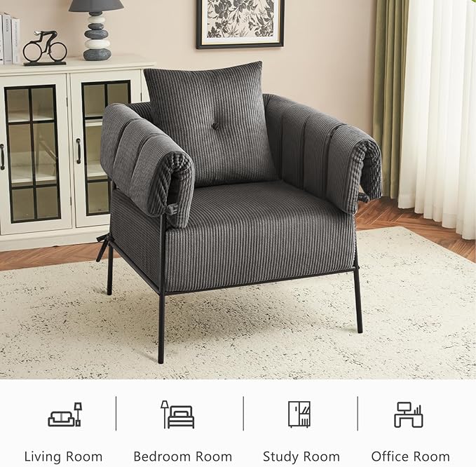 Furnilving Comfy Bedroom Chairs Set of 2 Reading Chair for Living Room Large Modern Accent Chairs with Pillow Metal Frame Chairs Upholstered Bedroom Armchair Side Chair Soft Cushion Corduroy Grey