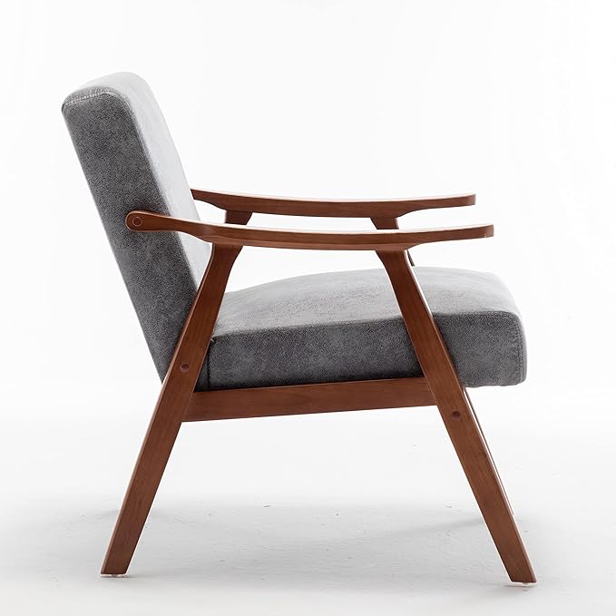 Mid-Century Accent Chair Upholstered Fabric Living Room Chair with Solid Wood Frame Modern Small Side Arm Chairs Comfy Wingback Reading Chair for Bedroom Office (Grey)