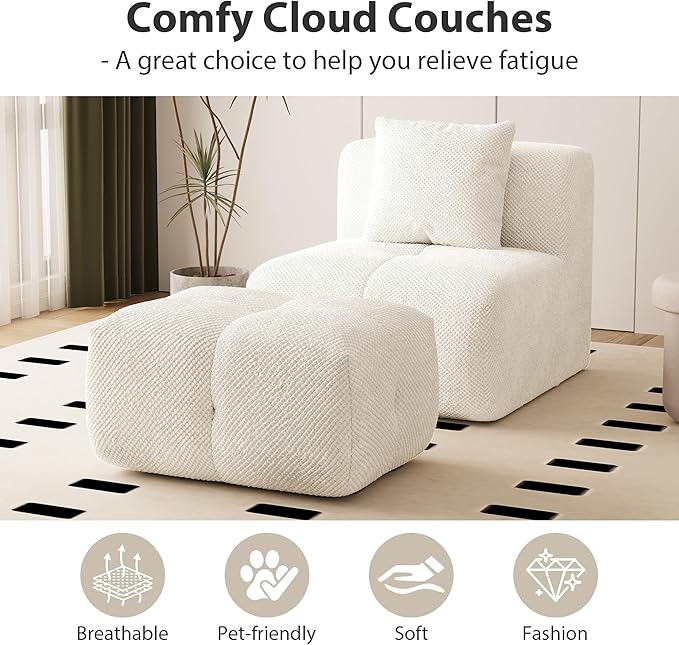 Chifee &amp Vingol 31 Oversized Boneless Single Sofa with Ottoman &amp Pillow Upholstered Reading Couch and Ottoman Set for Living Room Bedroom Reading NookIvory