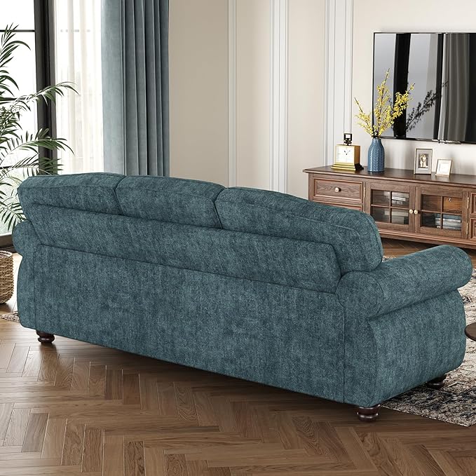 ONBRILL 90 Inch Rolled Arm Sofa for Living Room Deep Seat Nailhead Trim Couch Comfy 3 Seater Chenille Couch w/Wooden Leg Springs Seat Cushion Large Traditional Sofa for Farmhouse Blue