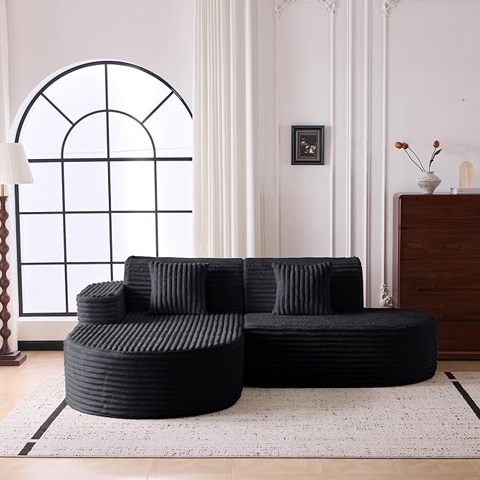 Modern Curved Boneless Sofa Couch L-Shaped Corner Sofa Corduroy Upholstered Cloud Sectional Couch for Living Room Bedroom and ApartmentNo Assembly Needed(Black Left Hand Facing)