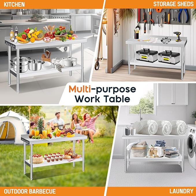 Jocisland 24 x 60 Stainless Steel Table for Prep &amp Work NSF Certified with Backsplash Adjustable Under Shelf &amp Safe Design for Restaurant Home and Outdoor