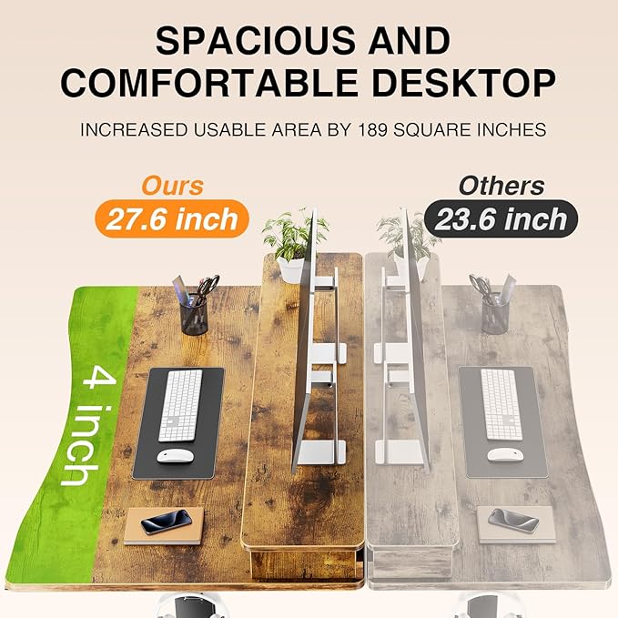 Veken 47.2×27.6 Standing Desk with Storage Drawers Adjustable Height Computer Table with Monitor Shelf Home Office Desk for Study Gaming Workstation Brown