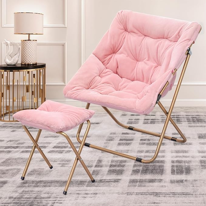 MoNiBloom Square Folding Faux Fur Saucer Chair for Bedroom Living Room Dorm Foldable Metal Frame Oversized Large Comfy Furry Padded Soft Cozy Moon Chair with Footrest Ottoman for Adults (Pink 2 Set)