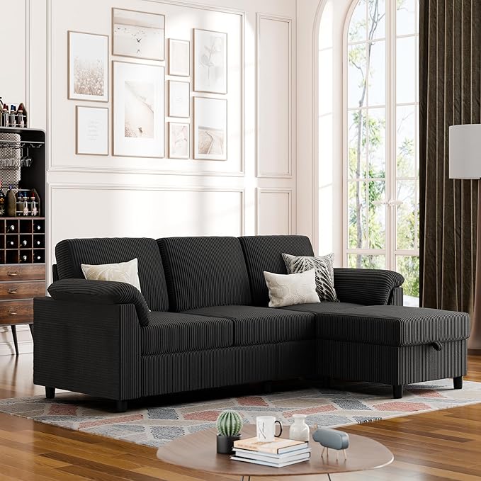 Vongrasig Convertible Sectional Couches 3 Seat L Shaped Couch Sofa with Removable Pillows Soft Corduroy Fabric Small Couch Mid Century for Living Room Apartment and Office Black