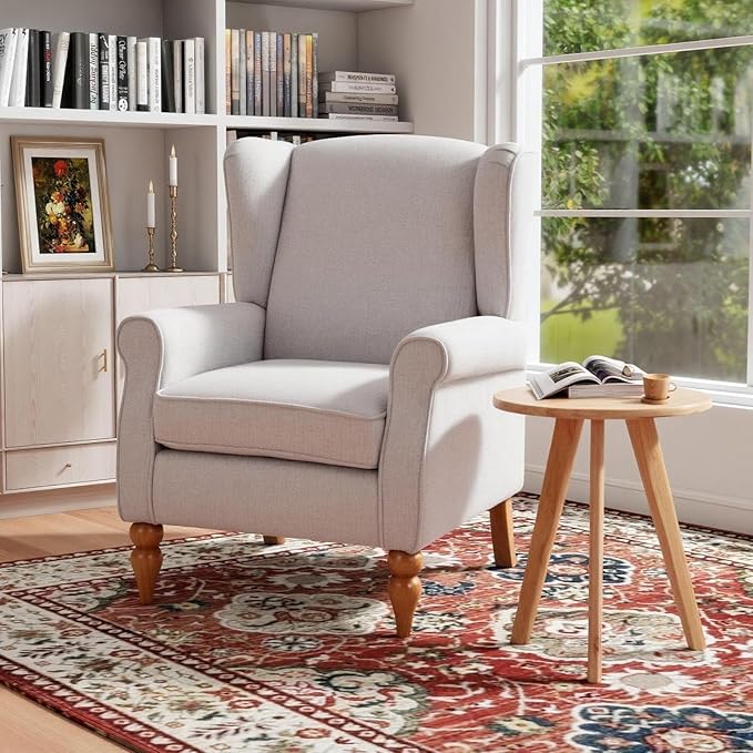 Rovibek High Wingback Chairs with Table - Midcentury Modern Accent Chair for Living Room Upholstered Armchair with Solid Legs Light Grey Living Room Chairs for Living Room Bedroom Balcony