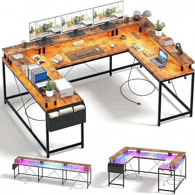 U Shaped Computer Desk with Power Outlets &amp RGB LED Lights Reversible l Shaped Corner Desk with Monitor Stand Black Willow Wood Finish Gaming &amp Home Office Desk